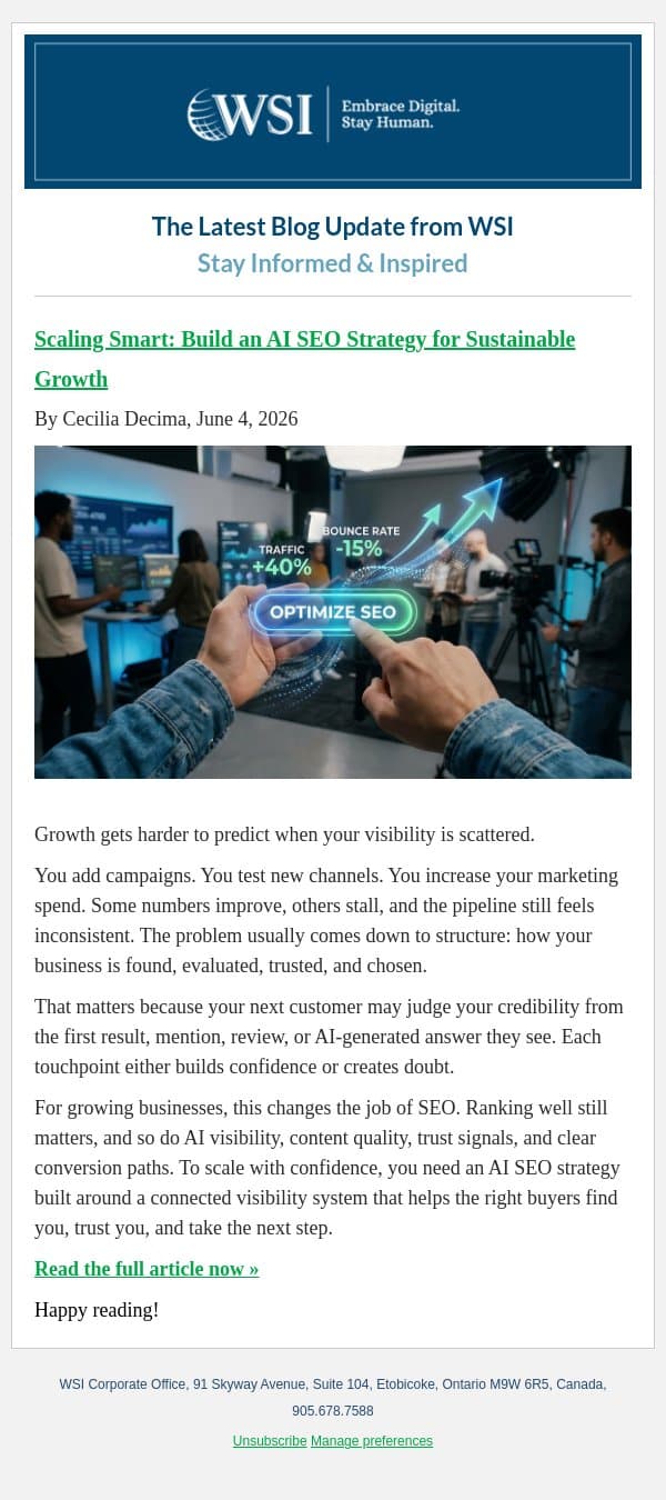 Scaling Smart: Build an AI SEO Strategy for Sustainable Growth email from WSI screenshot