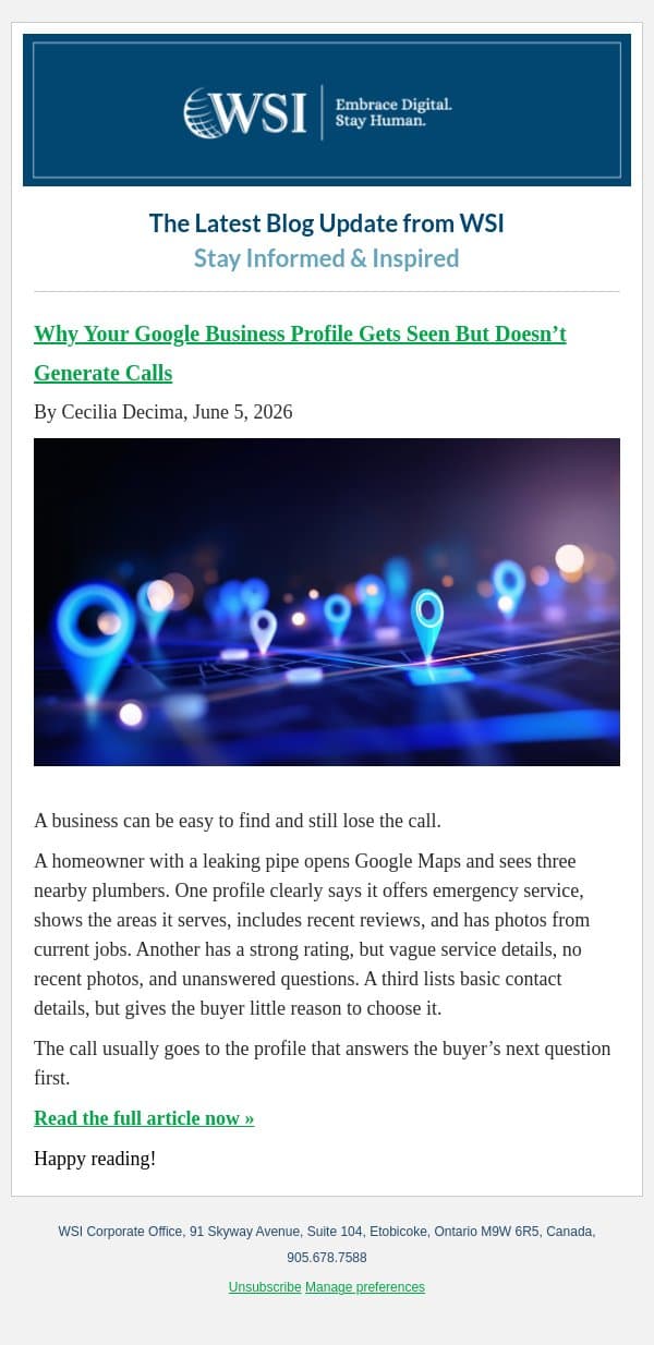 Why Your Google Business Profile Gets Seen But Doesn’t Generate Calls email from WSI screenshot