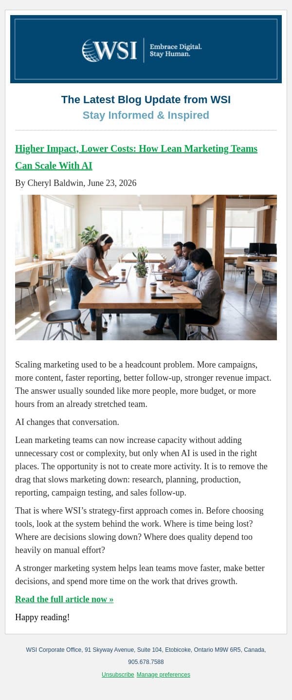 Higher Impact, Lower Costs: How Lean Marketing Teams Can Scale With AI email from WSI screenshot