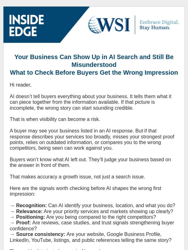 Is AI Telling Buyers the Right Story About Your Business? email from WSI