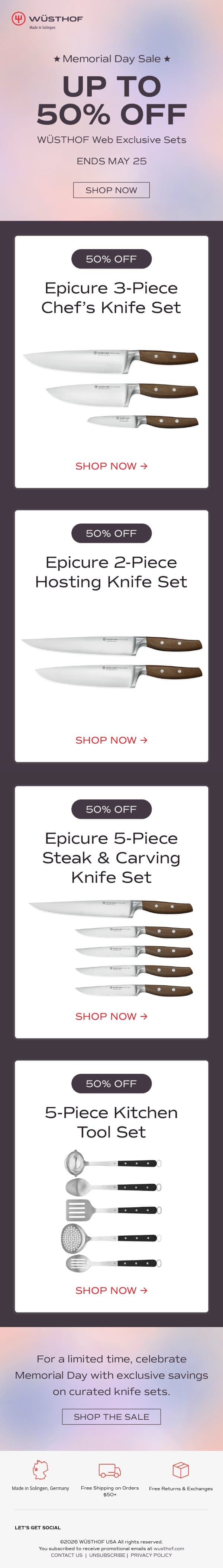 Memorial Day Sale: Up to 50% Off 🌟 email from Wüsthof screenshot