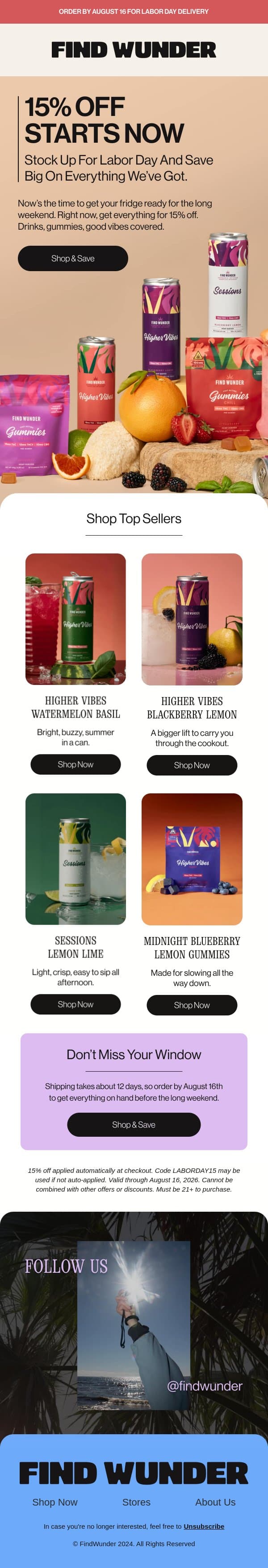 15% off sitewide email from Wunder screenshot