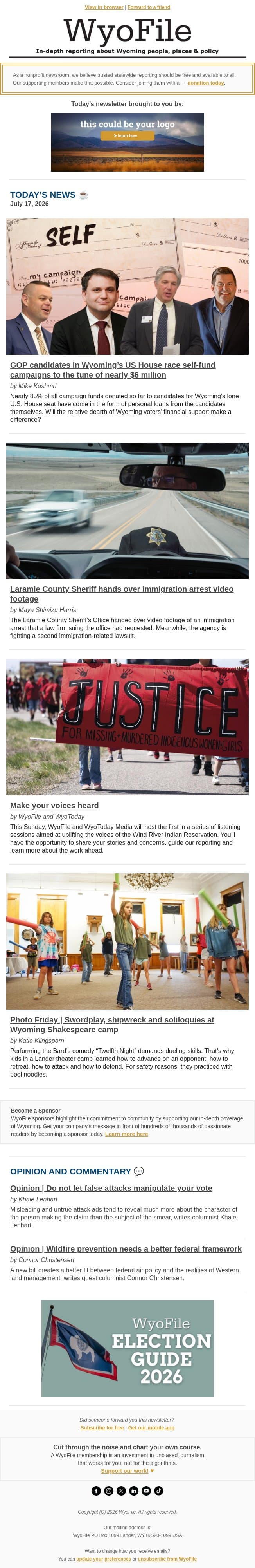 House candidate funding | Sheriff hands over arrest video | Wind River listening session email from WyoFile screenshot