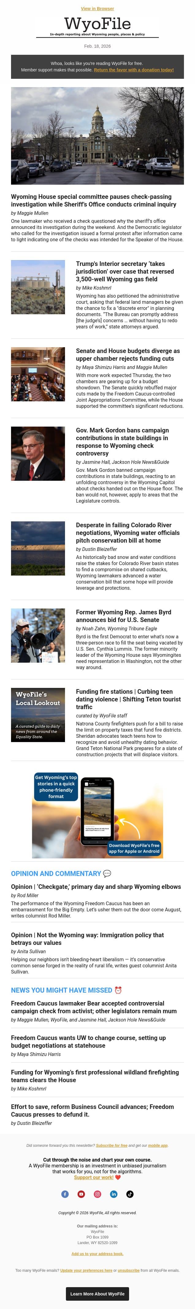 Sheriff takes lead on check inquiry | Gas case takeover | Budget divergence | Colorado River tensions email from WyoFile screenshot