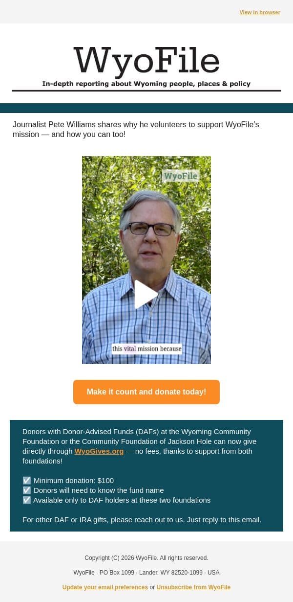 A quick video message from the board email from WyoFile screenshot