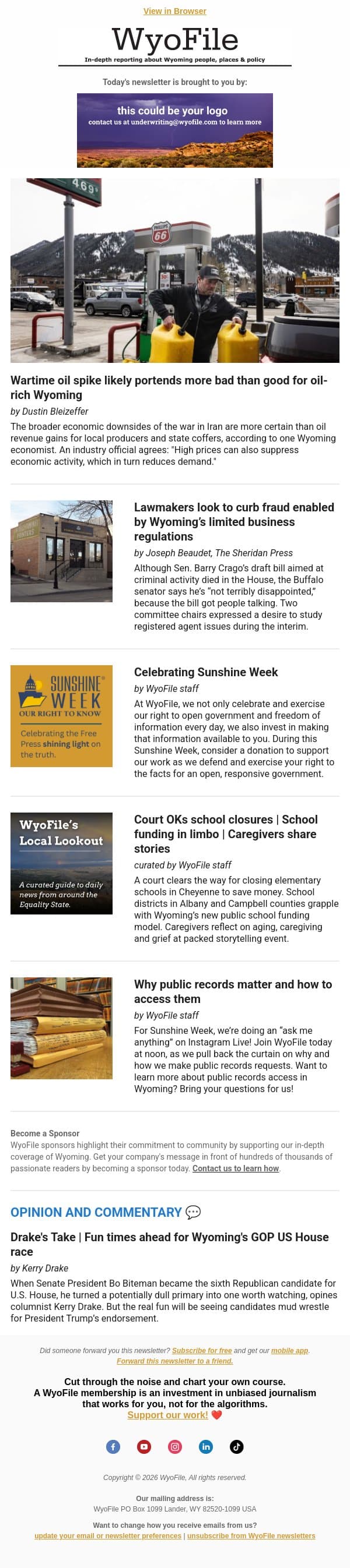 Wartime oil uncertainty | Curbing LLC fraud | Why public records matter email from WyoFile screenshot