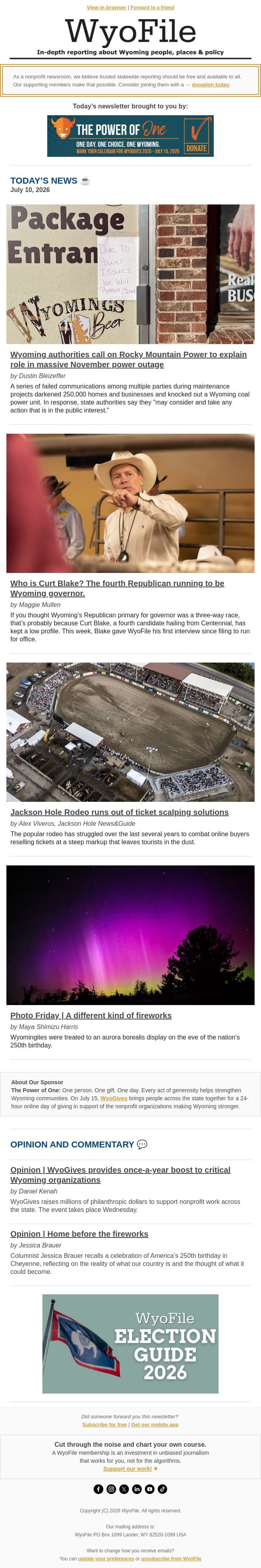 Power outage explanation | Who is Curt Blake? | Rodeo ticket scalping email from WyoFile screenshot