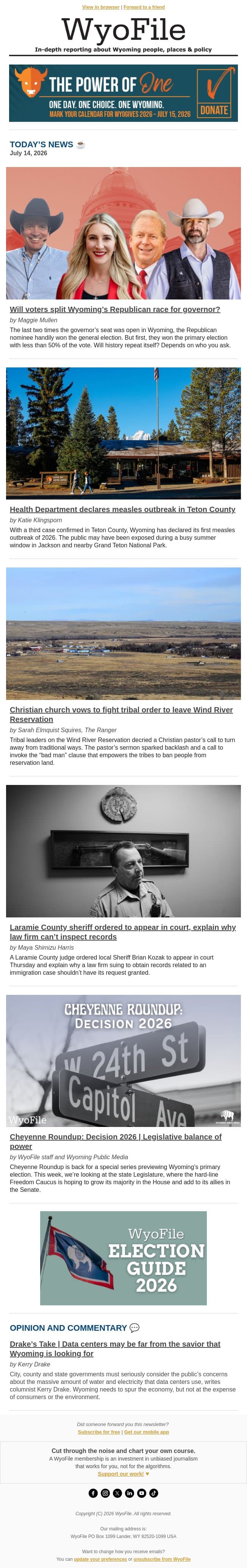 Gubernatorial split | Measles outbreak | Judge summons sheriff email from WyoFile screenshot