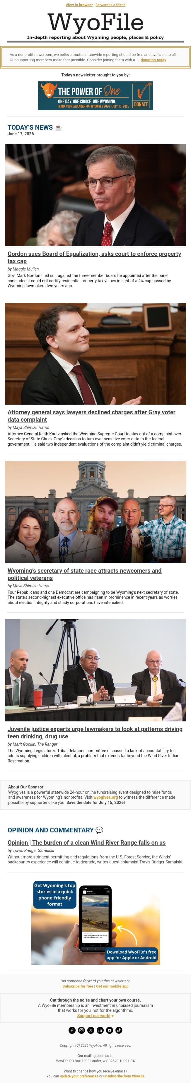 Property tax lawsuit | No charges for Gray | Secretary of state race email from WyoFile screenshot