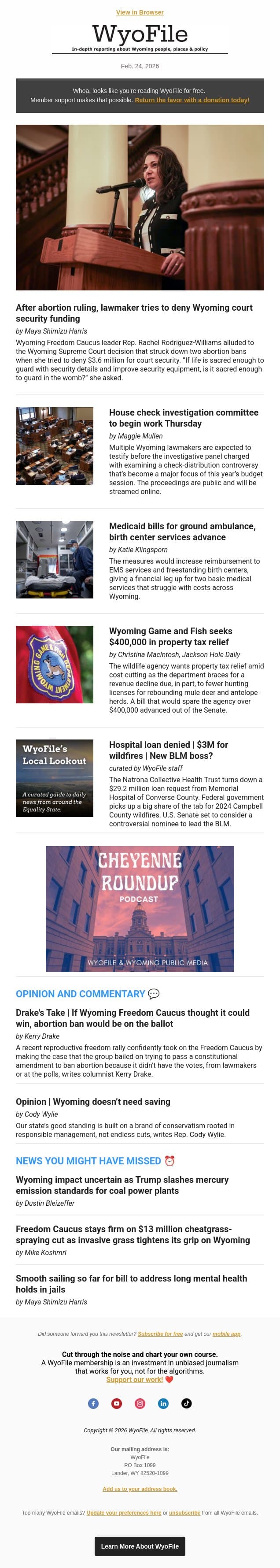 Court security dollars | Check inquiry Thursday | Medicaid bills email from WyoFile screenshot