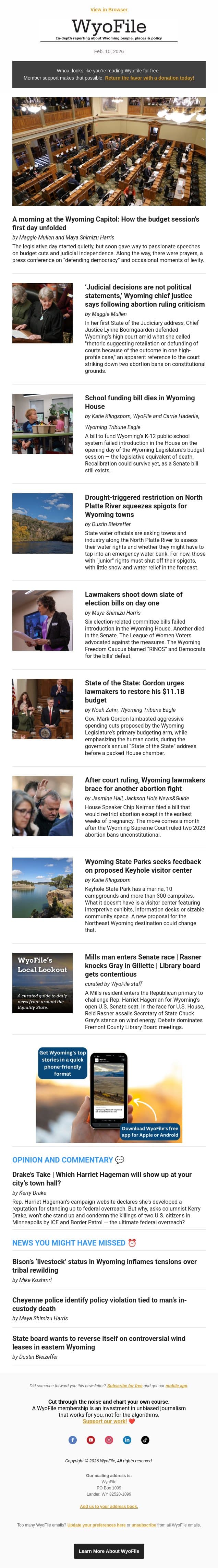 Big day at budget session: Speeches, election bills fall, school funding bill dies email from WyoFile screenshot