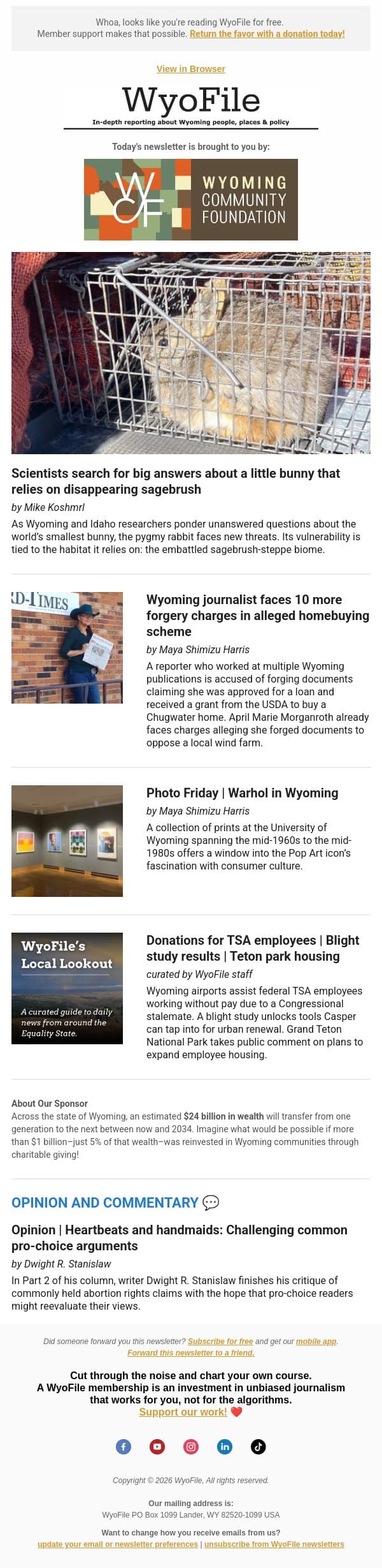 Pygmy rabbits | Reporter faces forgery charges | Warhol in Wyoming email from WyoFile screenshot