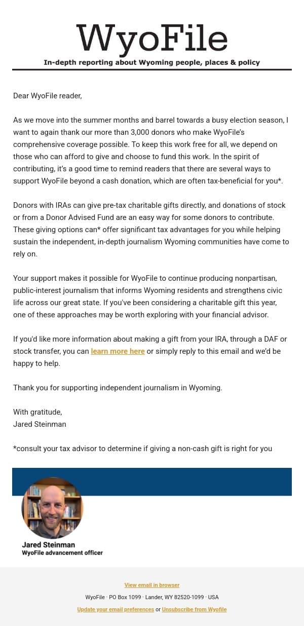 Beyond cash: Tax-smart ways to support WyoFile email from WyoFile screenshot