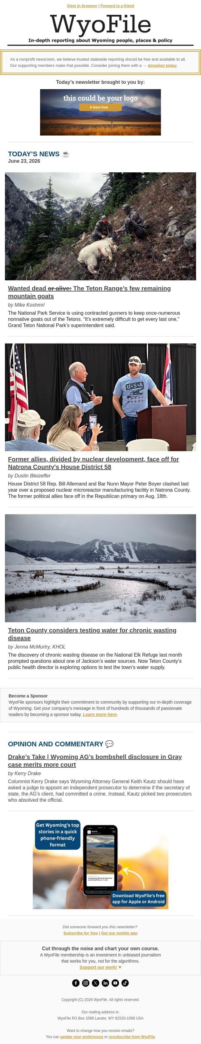 Teton goat gunning | HD 58 clash | CWD water testing email from WyoFile screenshot