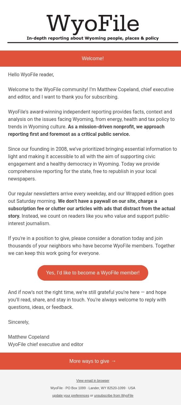 Welcome to WyoFile — Here’s Why Our Work is Free email from WyoFile screenshot