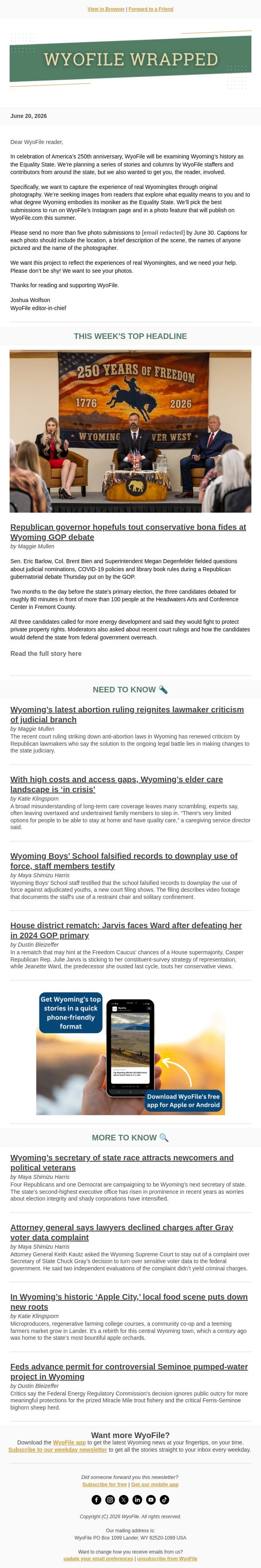 Wrapped — Dubois gubernatorial debate | Abortion and the courts | Juvenile justice email from WyoFile screenshot