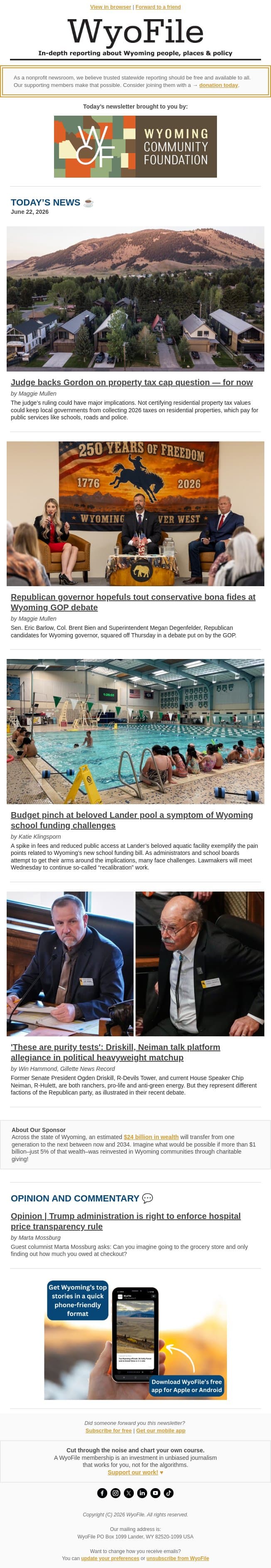 Judge backs Gordon on tax cap | Gov. candidates debate | School funding challenges email from WyoFile screenshot