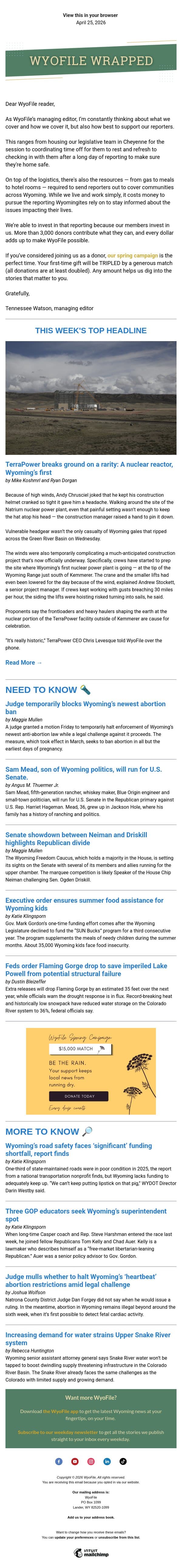 Wrapped — Wyoming's first reactor | Judge halts abortion ban | Senate races email from WyoFile screenshot