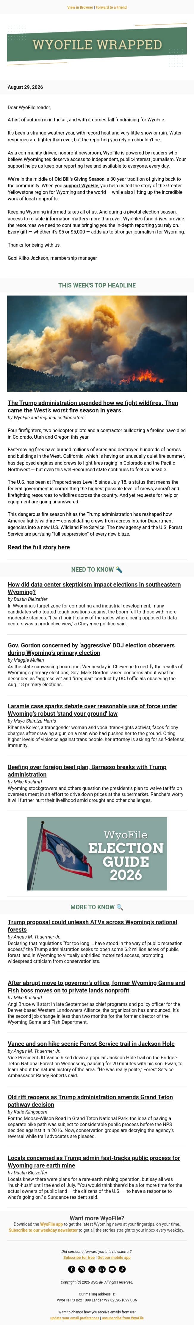 Wrapped — Shifting wildfire policy | 'Aggressive' election observers | Vance in Jackson email from WyoFile screenshot
