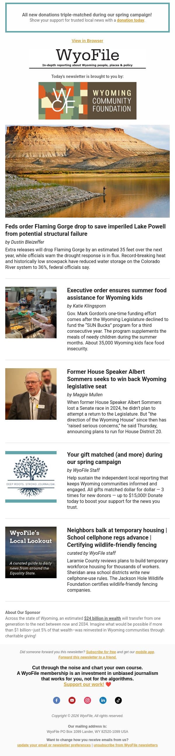 Flaming Gorge drop | Summer food assistance | Sommers' comeback? email from WyoFile screenshot