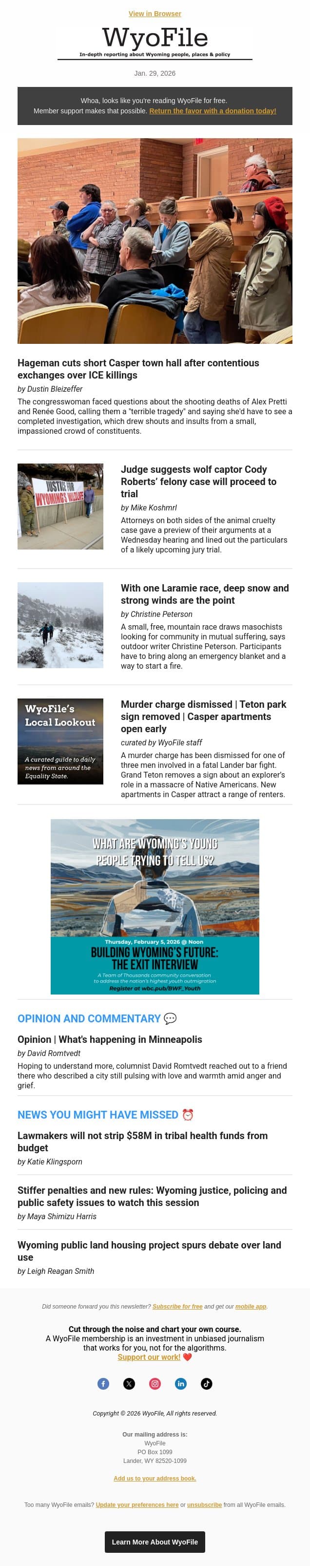 Tense town hall | Wolf torment trial likely | Twin Mountain Trudge email from WyoFile screenshot