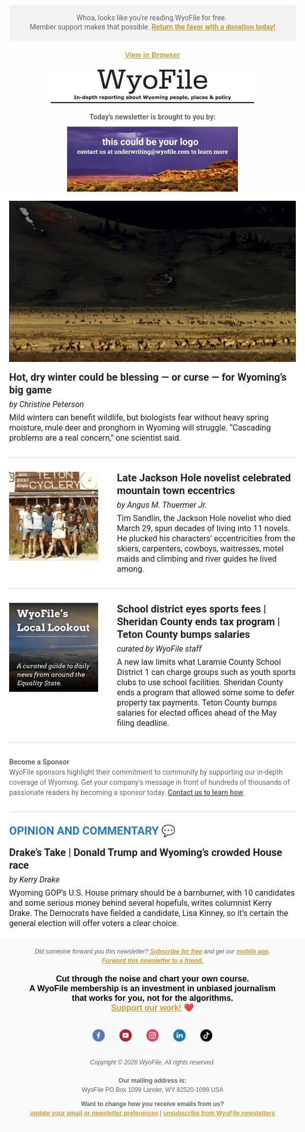 Big game and bad weather | Jackson Hole novelist remembered email from WyoFile screenshot