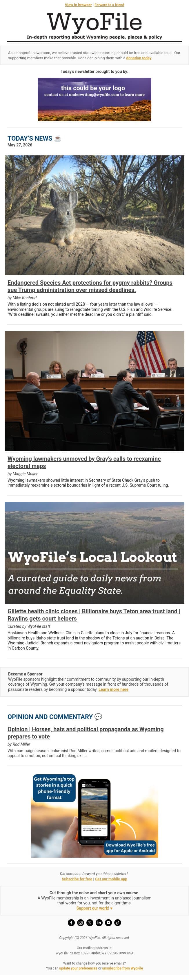 Pygmy rabbit protections | Redistricting rebuffed | Gillette clinic closure email from WyoFile screenshot