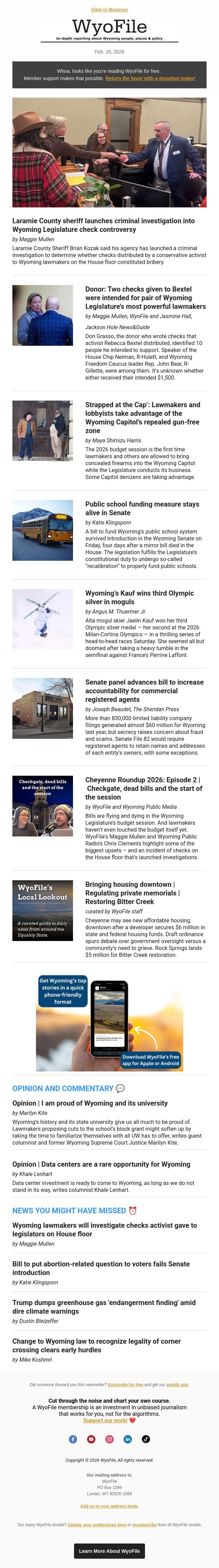 Strapped at the Cap’ | Check controversy widens | Recalibration revival email from WyoFile screenshot