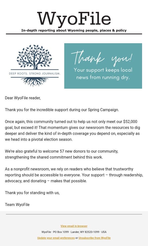 Thank you for standing with us! email from WyoFile screenshot