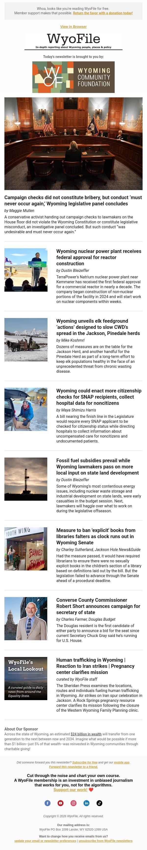 Check investigation results | Nuclear approval | Elk feeding changes email from WyoFile screenshot