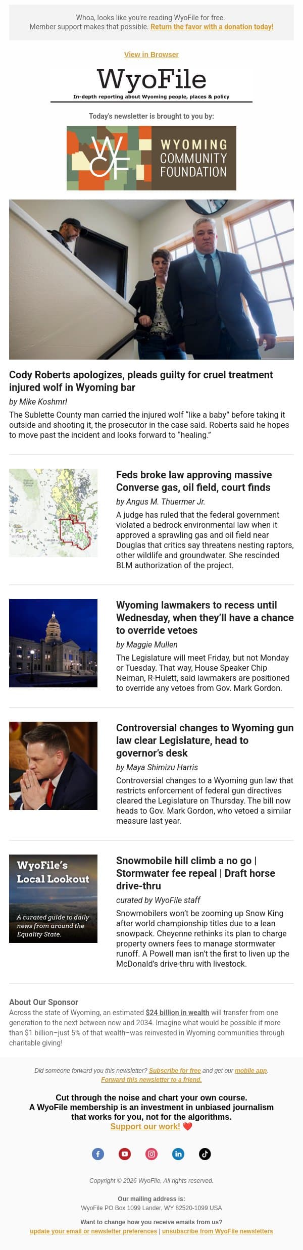 Wolf captor pleads guilty | Converse field on hold | Lawmakers recess until Wednesday email from WyoFile screenshot