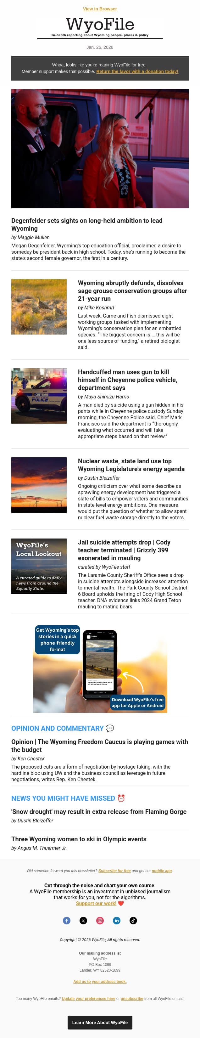Political ambitions | Sage grouse work defunded | Death in police custody | Legislative energy priorities email from WyoFile screenshot
