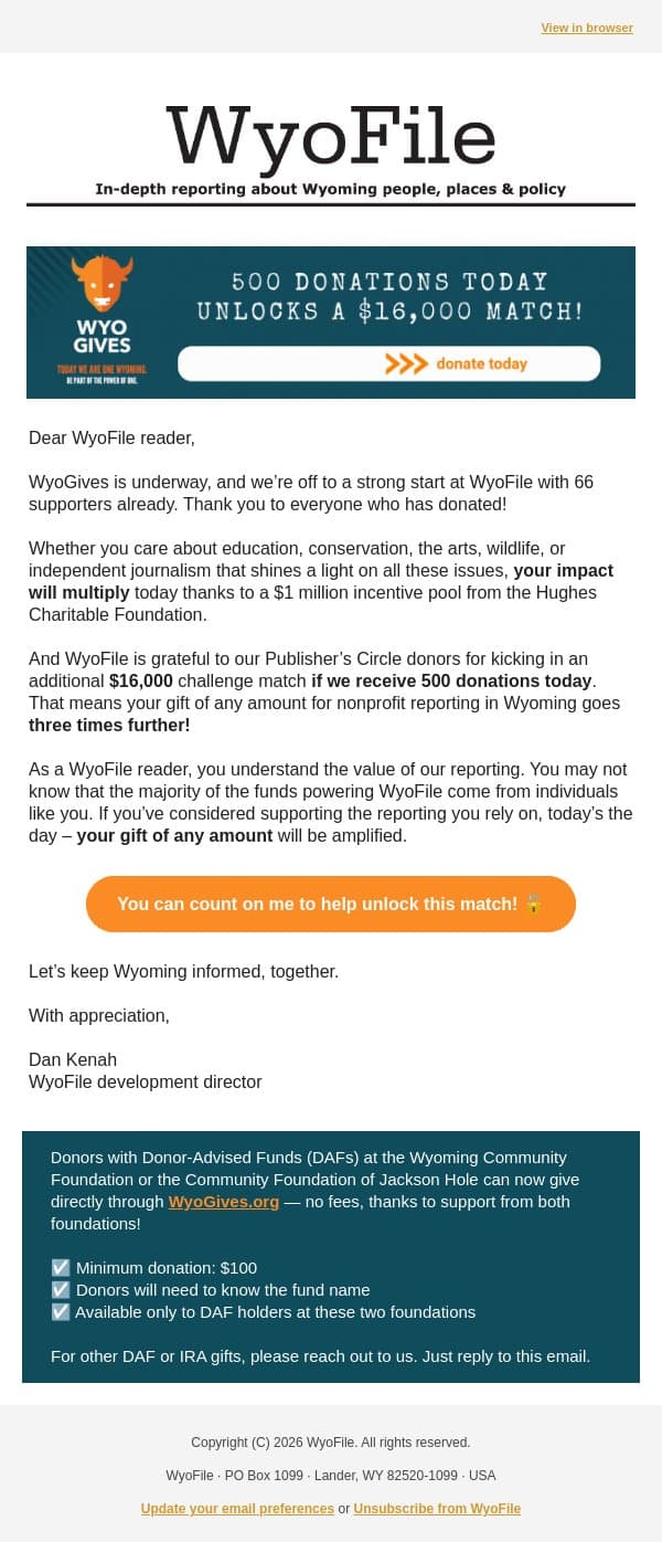$16,000 on the Line! email from WyoFile screenshot