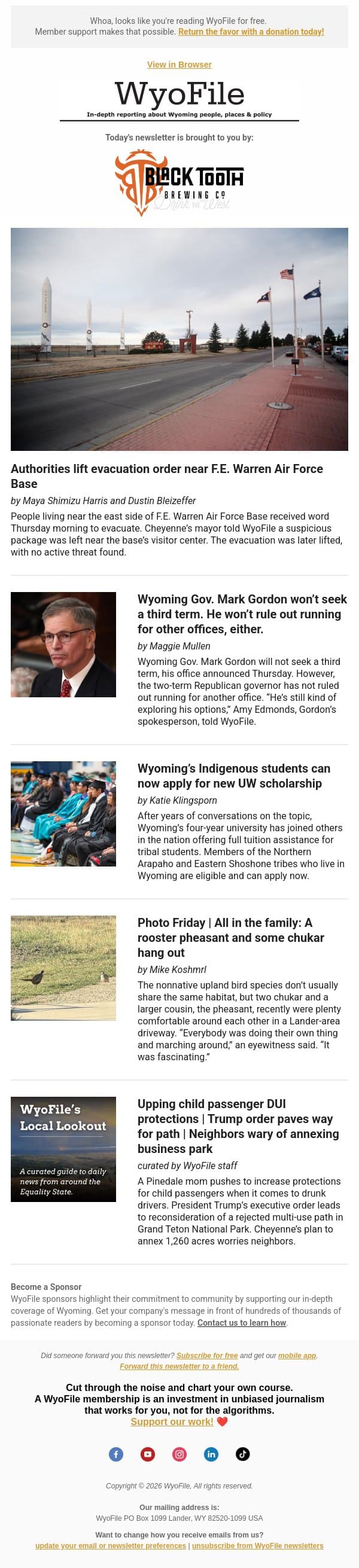 Evacuation near F.E. Warren | Gordon's last term | Native student scholarships email from WyoFile screenshot