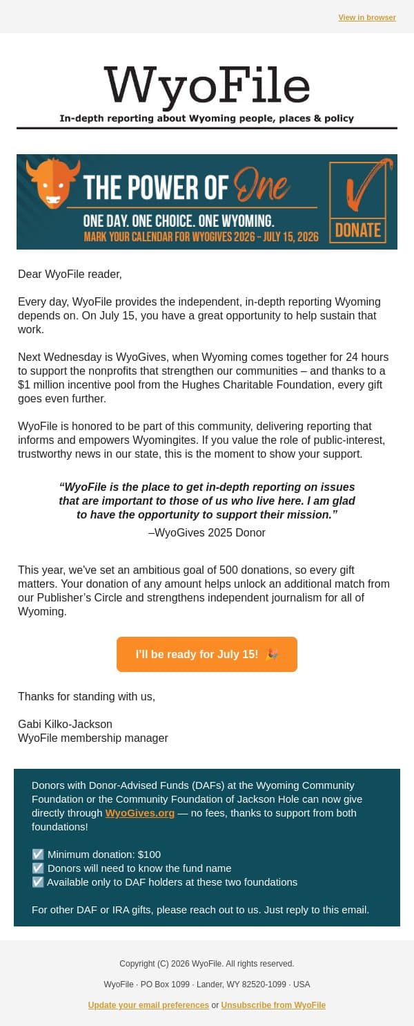Save the date: WyoGives is July 15! email from WyoFile screenshot