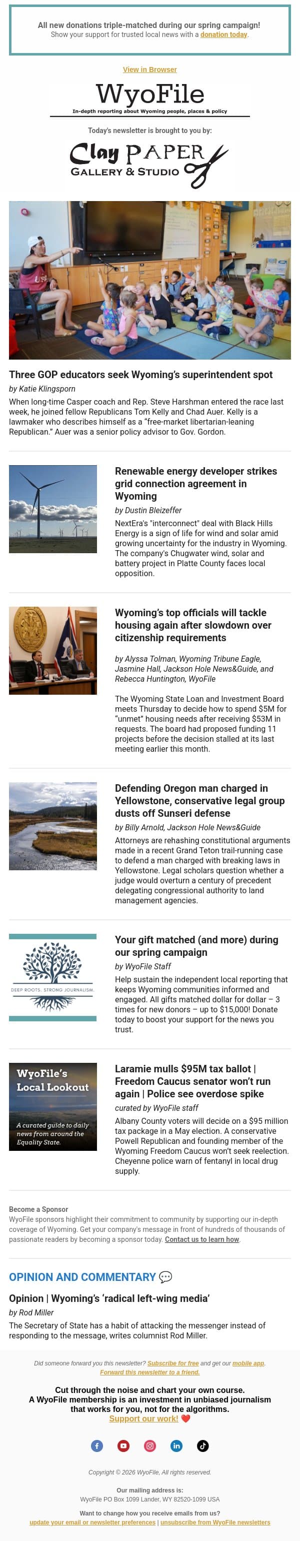 Superintendent race | Renewable energy deal | Unmet housing needs email from WyoFile screenshot