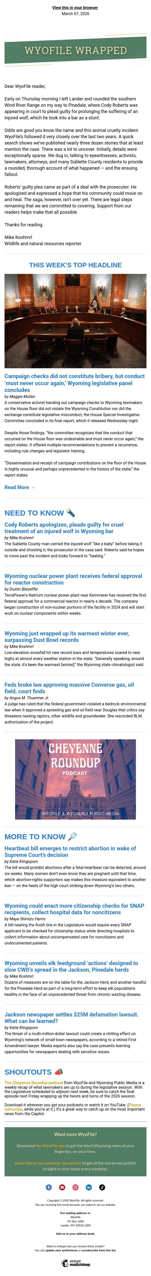 Wrapped — Undesirable conduct | Cody Roberts apologizes | Nuclear reactor OK'd email from WyoFile screenshot