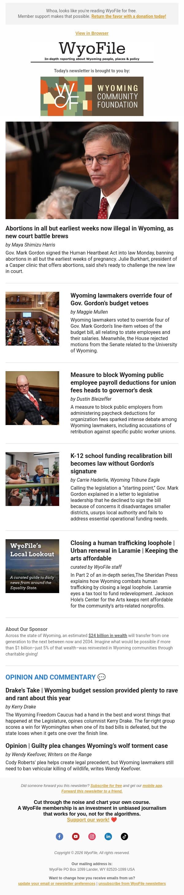 Most abortions now illegal | Veto overrides | Union fee limitations email from WyoFile screenshot