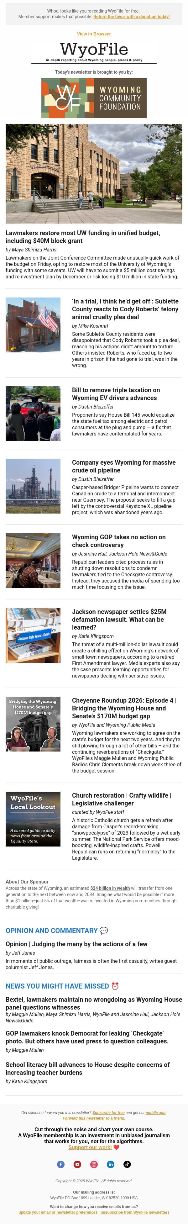 UW funding restored | Wolf case reaction | EV tax relief | Crude pipeline proposed email from WyoFile screenshot
