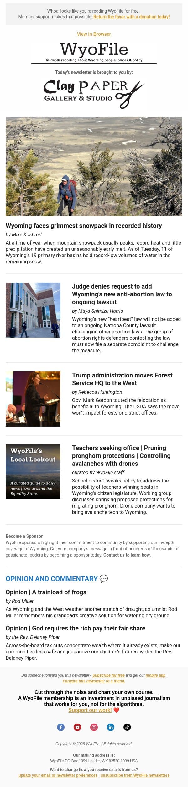 Lowest snowpack ever | Abortion lawsuits | Forest Service HQ moves west email from WyoFile screenshot