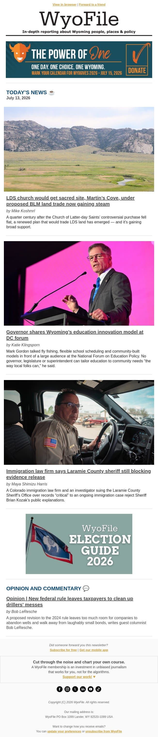 Church and BLM eye land trade | Gov. shares ed model | Firm says sheriff blocking evidence email from WyoFile screenshot