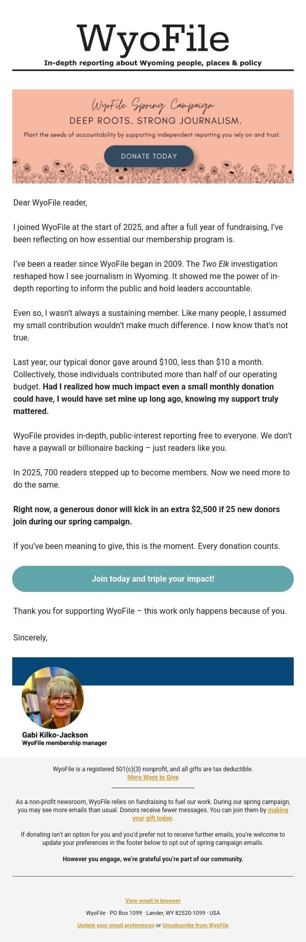I used to think my donation didn’t matter. email from WyoFile screenshot