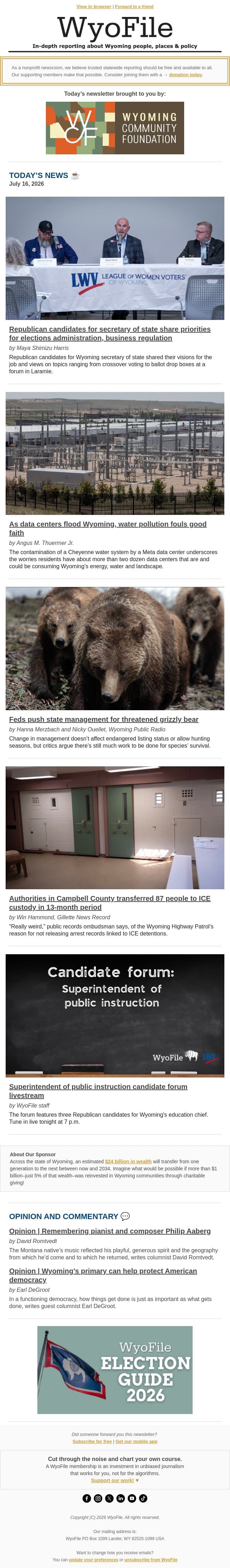 Secretary of state forum | Data center concerns | Griz management change email from WyoFile screenshot