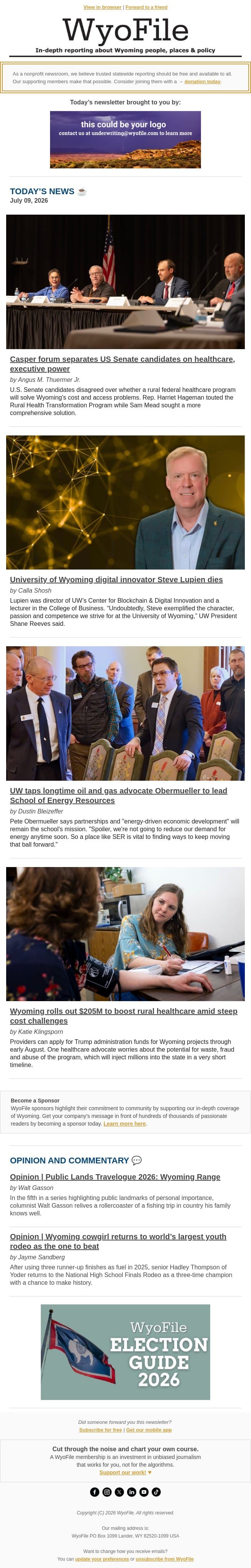 US Senate forum | UW innovator remembered | New School of Energy Resources leader email from WyoFile screenshot