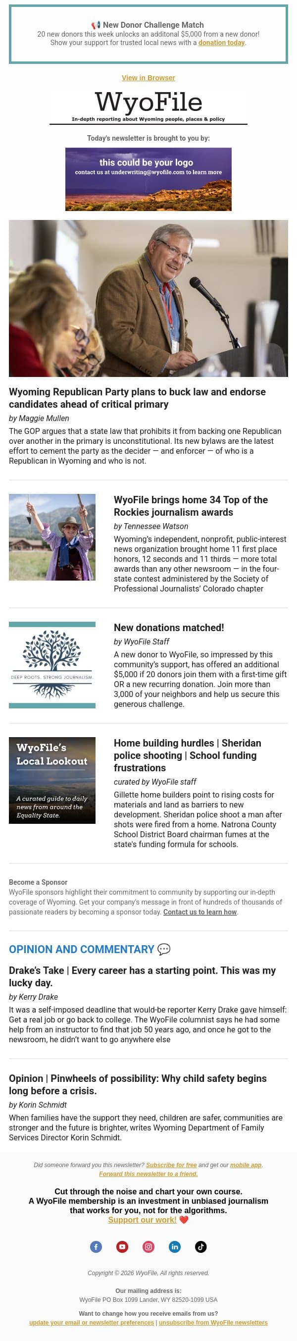 Wyoming GOP bucks state law | WyoFile wins awards | Sheridan police shooting email from WyoFile screenshot