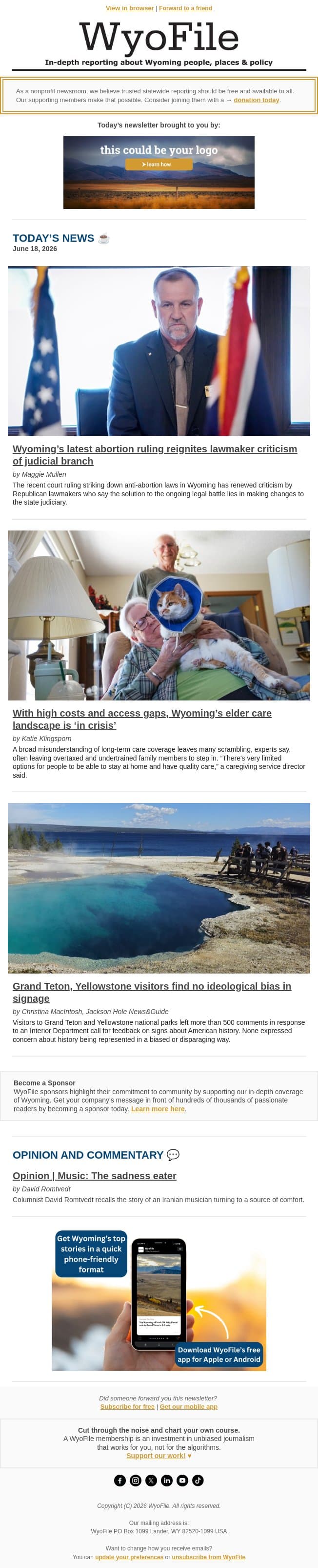 Abortion ruling backlash | Elder care ‘crisis’ | National park signs email from WyoFile screenshot
