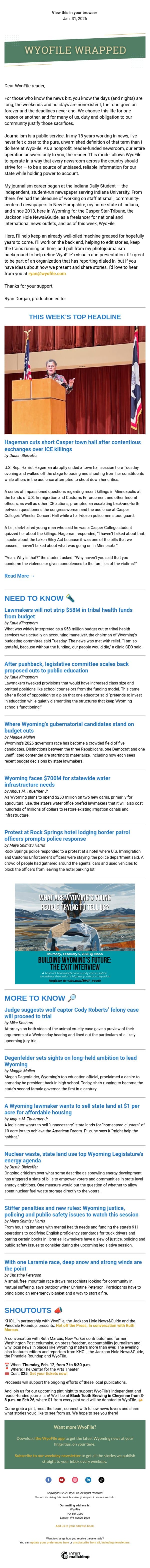 Wrapped — Heated Hageman town hall | Lawmakers scale back proposed cuts | Gov. candidates weigh in on budget cuts email from WyoFile screenshot