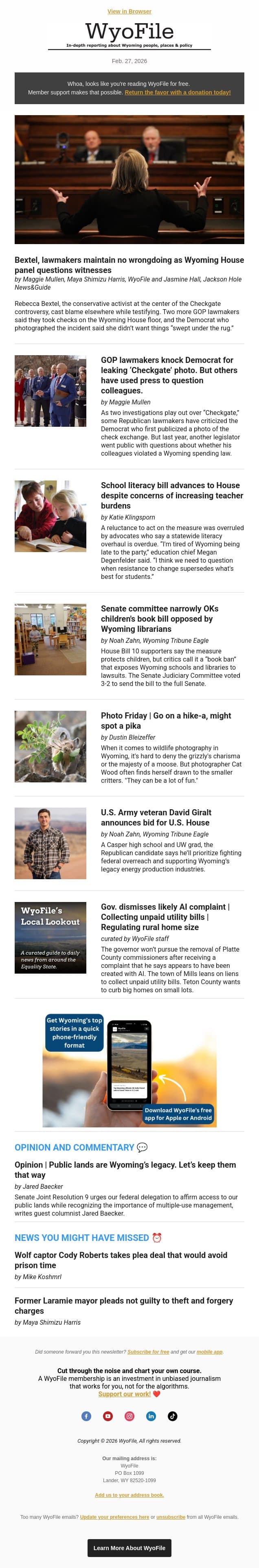 Checkgate testimony, blame game | Literacy bill advances | ‘Book ban’ bill goes to Senate email from WyoFile screenshot