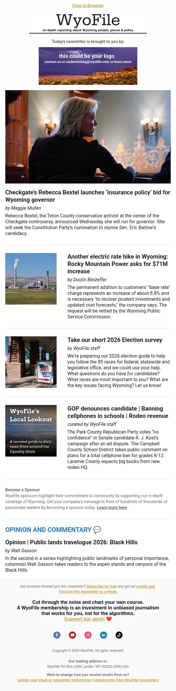 Bextel’s governor bid | Electricity cost hike | GOP denounces candidate email from WyoFile screenshot