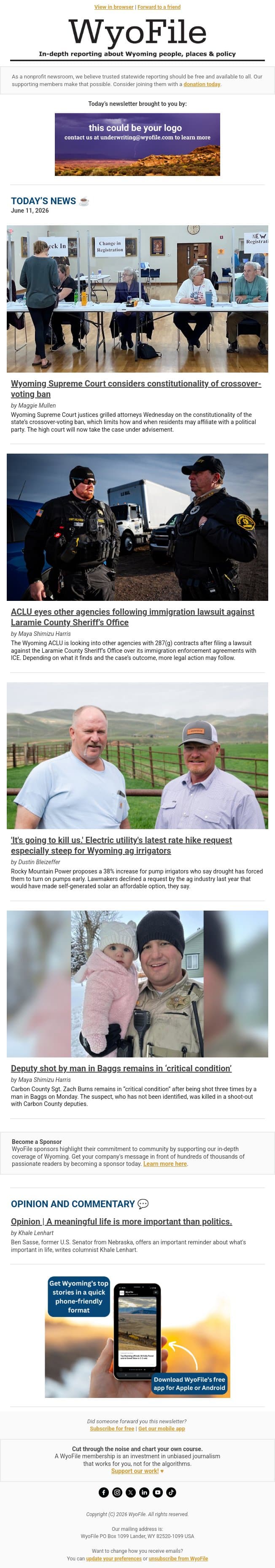 Supreme Court considers crossover voting | ICE agreements under scrutiny | Deputy in 'critical condition' email from WyoFile screenshot